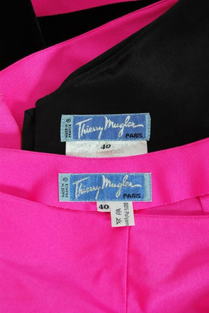 1991 Thierry Mugler Runway Black Velvet Fuchsia-Pink Silk Sculpted High Low Gown