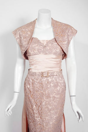 1952 Pierre Balmain Couture Pale-Pink Silk Lace Strapless Trained Gown Ensemble