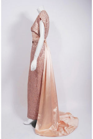 1952 Pierre Balmain Couture Pale-Pink Silk Lace Strapless Trained Gown Ensemble