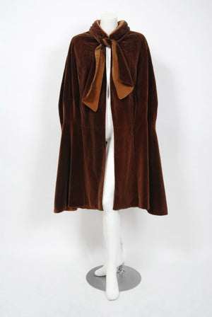 1930 Chanel Haute Couture Brown & Caramel Velvet Scarf-Neck Sculpted Deco Cape