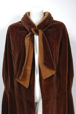 1930 Chanel Haute Couture Brown & Caramel Velvet Scarf-Neck Sculpted Deco Cape
