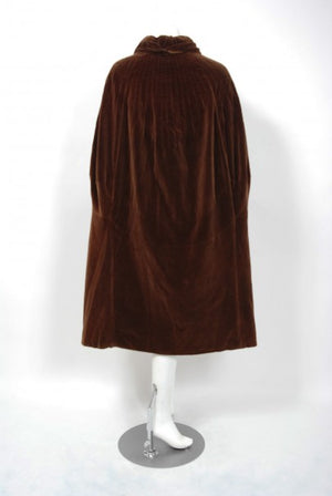 1930 Chanel Haute Couture Brown & Caramel Velvet Scarf-Neck Sculpted Deco Cape