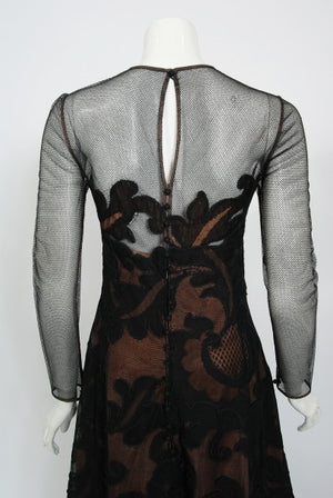 1998 Pierre Balmain Haute Couture Sheer Illusion Applique Black Tulle Lace Gown