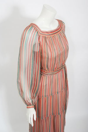 1977 Givenchy Colorful Stripe Silk-Chiffon Billow Sleeve Bohemian Dress
