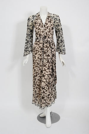 1975 Halston Couture Black & Ivory Clover Print Silk Bell-Sleeve Belted Jumpsuit