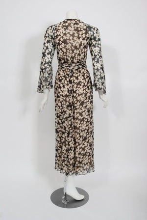 1975 Halston Couture Black & Ivory Clover Print Silk Bell-Sleeve Belted Jumpsuit
