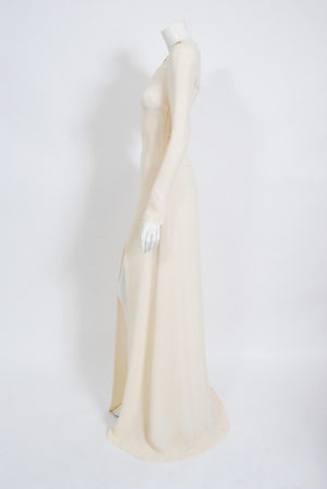 2006 Alexander McQueen White Silk Crepe Chain Plunge High-Slit Hourglass Gown
