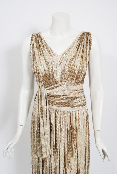 1940's French Couture Iridescent Ivory & Gold Sequin Silk Goddess Gown