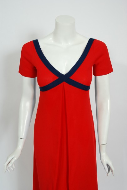 1969 Rudi Gernreich Cross My Heart Empire Red and Navy Knit Maxi Dress