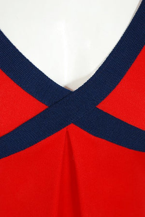 1969 Rudi Gernreich Cross My Heart Empire Red and Navy Knit Maxi Dress