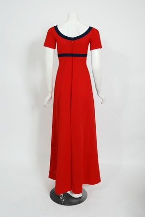 1969 Rudi Gernreich Cross My Heart Empire Red and Navy Knit Maxi Dress