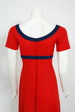 1969 Rudi Gernreich Cross My Heart Empire Red and Navy Knit Maxi Dress
