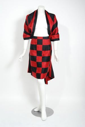 1989 Marc Jacobs for Perry Ellis Black & Red Checkered Silk Skirt w/ Shawl