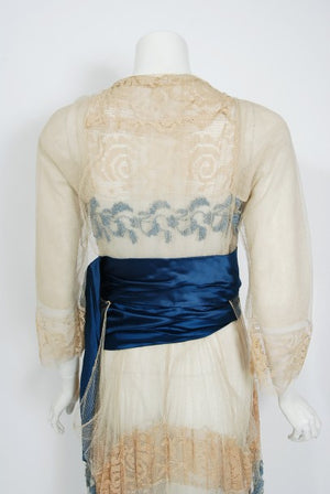 1910's Julius Garfinckel Couture Beige Embroidered Lace Blue Silk Sash Dress