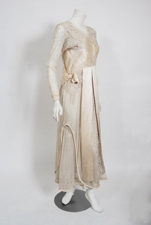 1910's Edwardian Couture Ivory Mixed Lace Draped Silk Sash Layered Dress