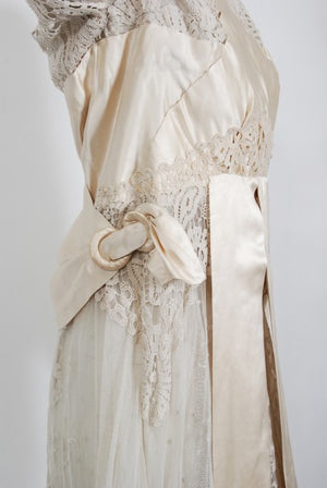 1910's Edwardian Couture Ivory Mixed Lace Draped Silk Sash Layered Dress