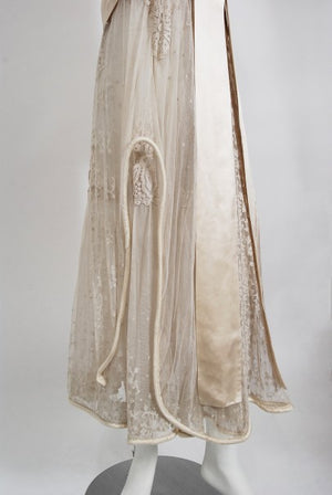 1910's Edwardian Couture Ivory Mixed Lace Draped Silk Sash Layered Dress