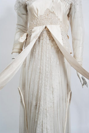 1910's Edwardian Couture Ivory Mixed Lace Draped Silk Sash Layered Dress