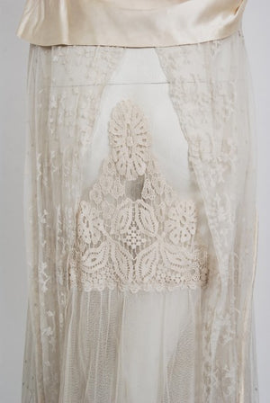 1910's Edwardian Couture Ivory Mixed Lace Draped Silk Sash Layered Dress