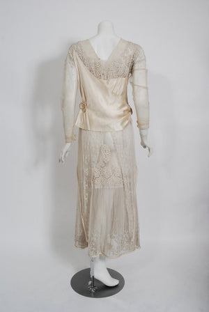 1910's Edwardian Couture Ivory Mixed Lace Draped Silk Sash Layered Dress
