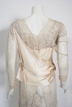 1910's Edwardian Couture Ivory Mixed Lace Draped Silk Sash Layered Dress