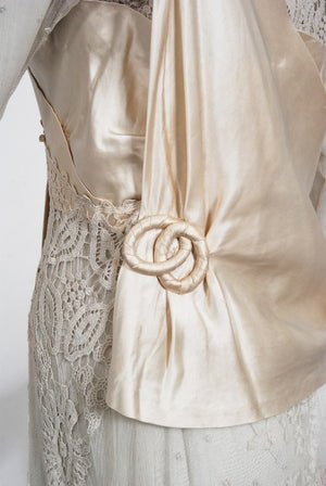 1910's Edwardian Couture Ivory Mixed Lace Draped Silk Sash Layered Dress