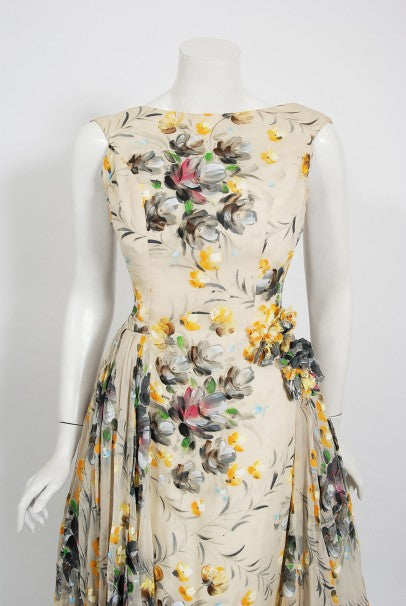 1950's Hand-Painted Floral Ivory Silk Appliqué Skirted Hourglass Backless Gown