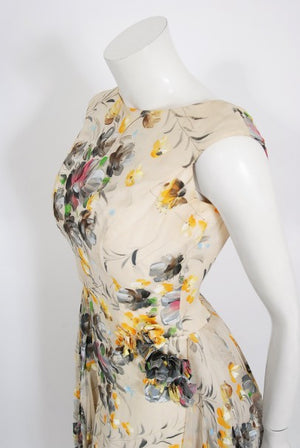 1950's Hand-Painted Floral Ivory Silk Appliqué Skirted Hourglass Backless Gown