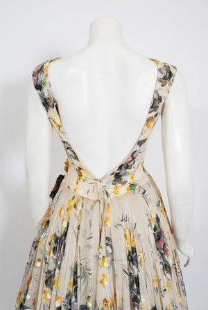 1950's Hand-Painted Floral Ivory Silk Appliqué Skirted Hourglass Backless Gown