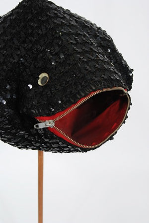 1950's Elsa Schiaparelli Novelty Sequin Blowfish Bamboo Walking Cane Purse