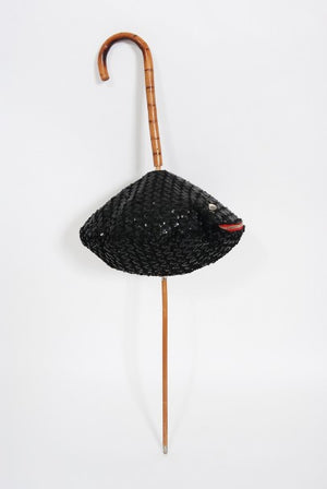 1950's Elsa Schiaparelli Novelty Sequin Blowfish Bamboo Walking Cane Purse