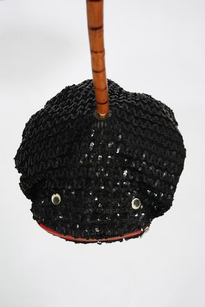 1950's Elsa Schiaparelli Novelty Sequin Blowfish Bamboo Walking Cane Purse
