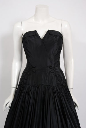 1950's French Couture Black Heavily-Pleated Silk Strapless Party Dress