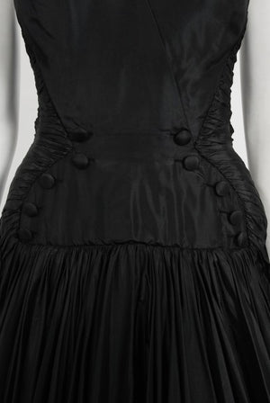 1950's French Couture Black Heavily-Pleated Silk Strapless Party Dress