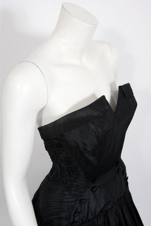 1950's French Couture Black Heavily-Pleated Silk Strapless Party Dress