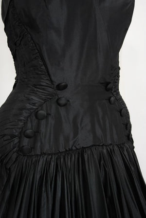 1950's French Couture Black Heavily-Pleated Silk Strapless Party Dress