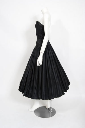 1950's French Couture Black Heavily-Pleated Silk Strapless Party Dress