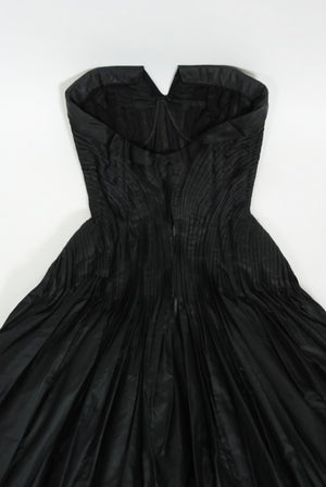 1950's French Couture Black Heavily-Pleated Silk Strapless Party Dress