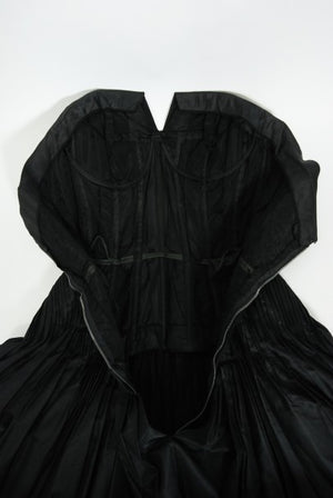 1950's French Couture Black Heavily-Pleated Silk Strapless Party Dress