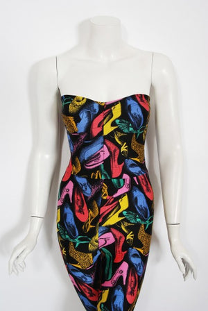 1991 Salvatore Ferragamo Runway Novelty Shoe Print Strapless Jumpsuit