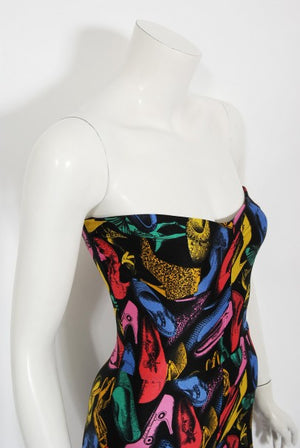 1991 Salvatore Ferragamo Runway Novelty Shoe Print Strapless Jumpsuit