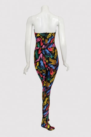 1991 Salvatore Ferragamo Runway Novelty Shoe Print Strapless Jumpsuit