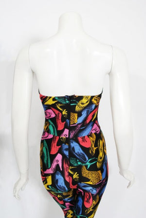 1991 Salvatore Ferragamo Runway Novelty Shoe Print Strapless Jumpsuit
