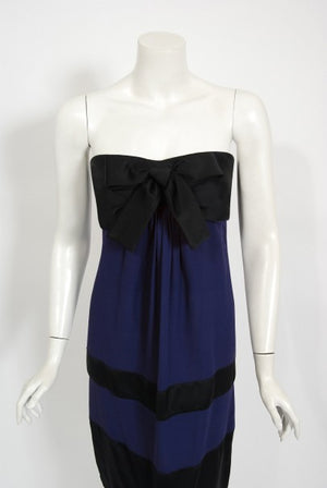 1990 Chanel Runway Sapphire-Blue & Black Silk Strapless Dress w/ Shawl