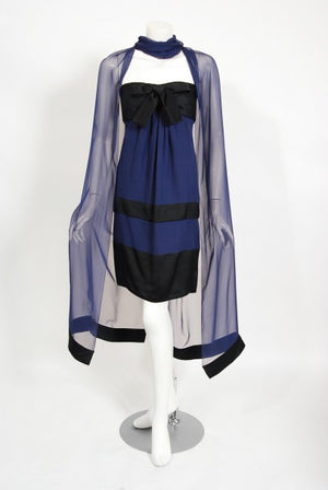 1990 Chanel Runway Sapphire-Blue & Black Silk Strapless Dress w/ Shawl