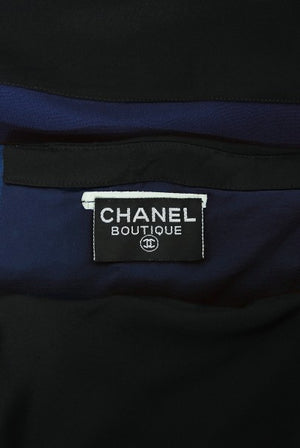 1990 Chanel Runway Sapphire-Blue & Black Silk Strapless Dress w/ Shawl