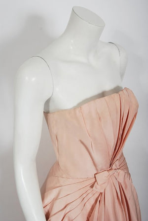 1950's Mingolini Guggenheim Couture Pink Pleated Silk Strapless Gown