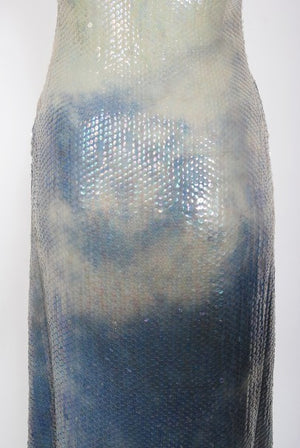 1970's Halston Couture Sequin Silk Blue Clouds Tie-Dye One Shoulder Gown