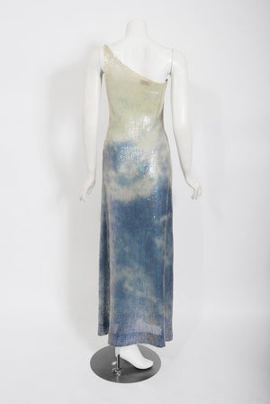 1970's Halston Couture Sequin Silk Blue Clouds Tie-Dye One Shoulder Gown