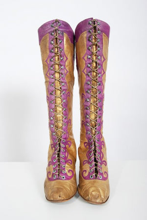 1890's Antique Cammeyer Couture Gold & Purple Leather Lace-Up Victorian Boots